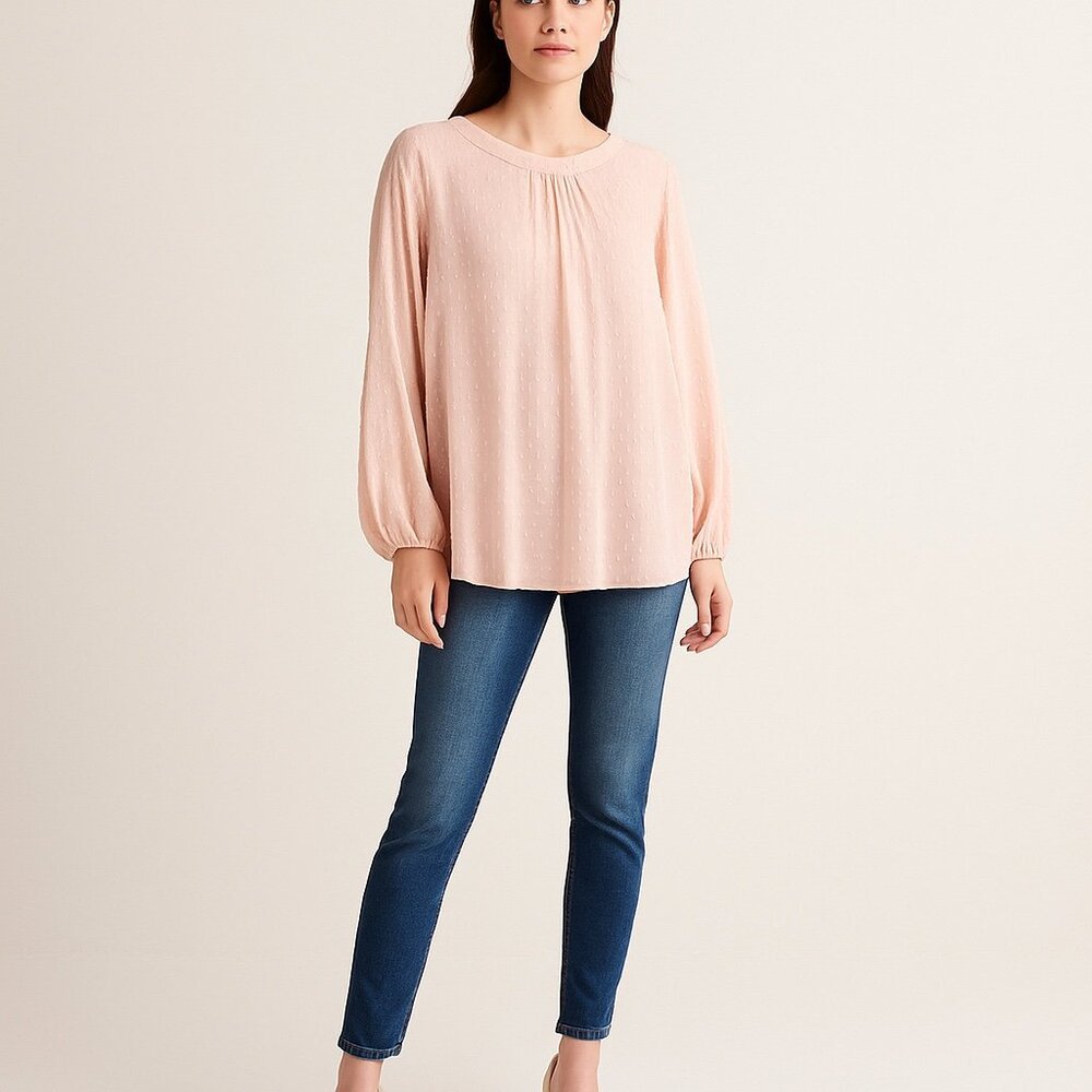 LabelBe Blush Pink Swiss Dot Textured Blouse Long Sleeve Sheer Boho Romantic